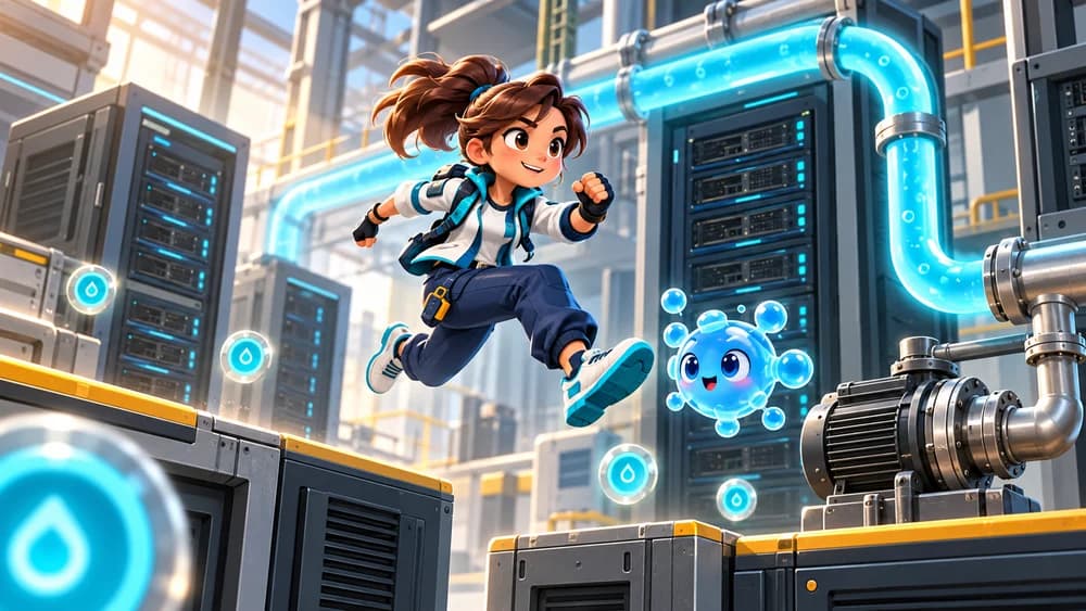Loop Defender cover art: an engineer jumps through a coolant-powered server world