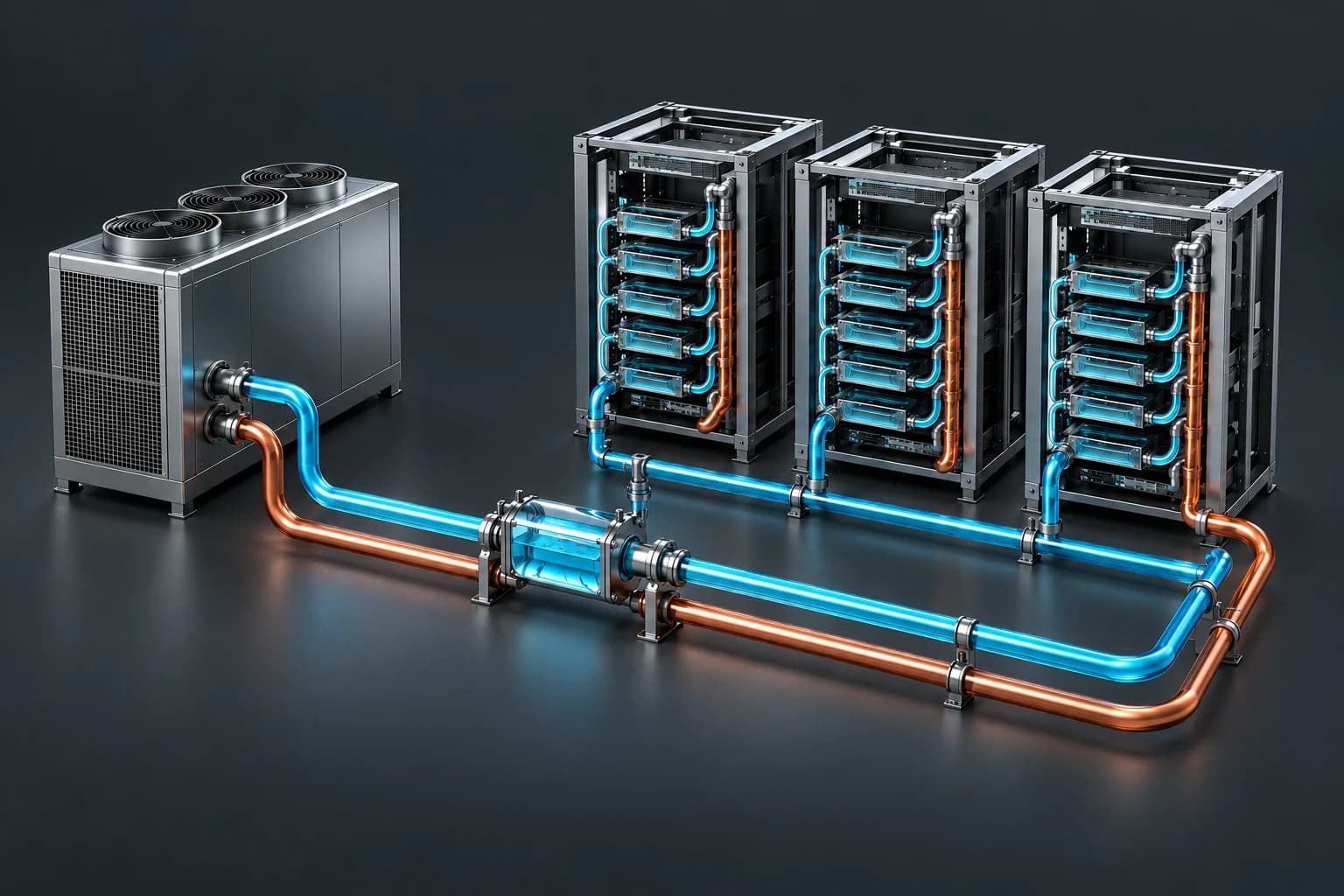 Illustration of a cooling unit circulating coolant through liquid-cooled GPU racks