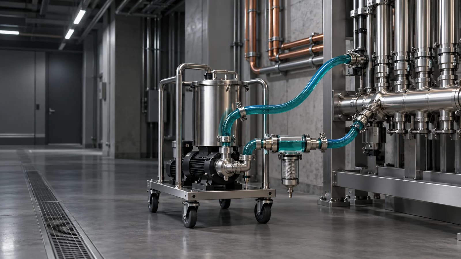 A flushing rig, sight glass and inspection filter connected to a new coolant manifold