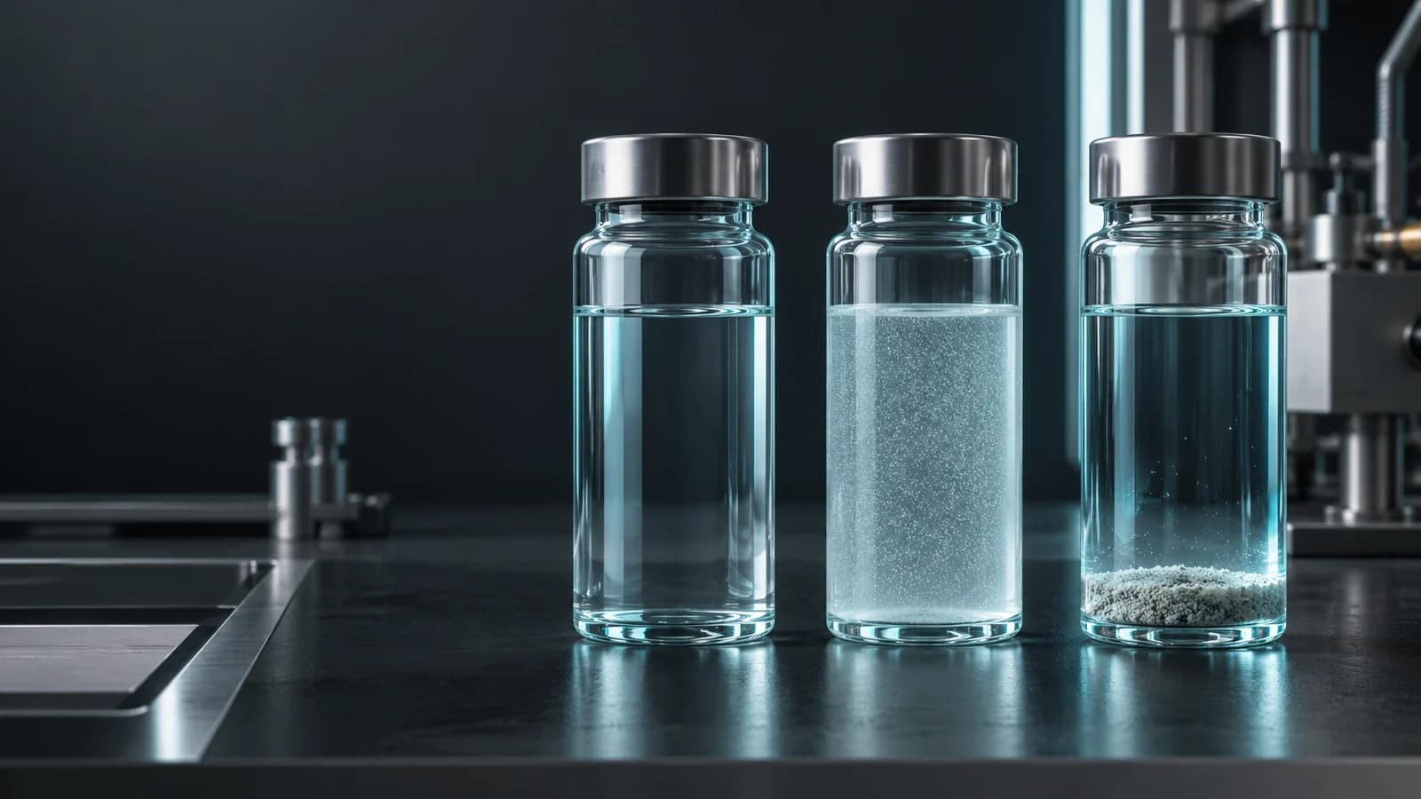 Coolant samples showing clear fluid, suspended material and settled sediment