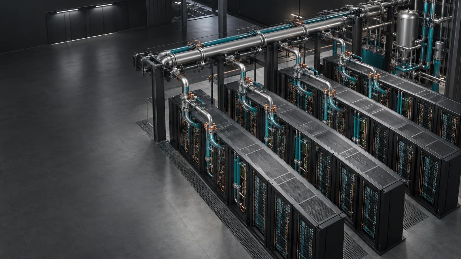 Overhead coolant distribution manifolds feeding multiple data-center rack rows
