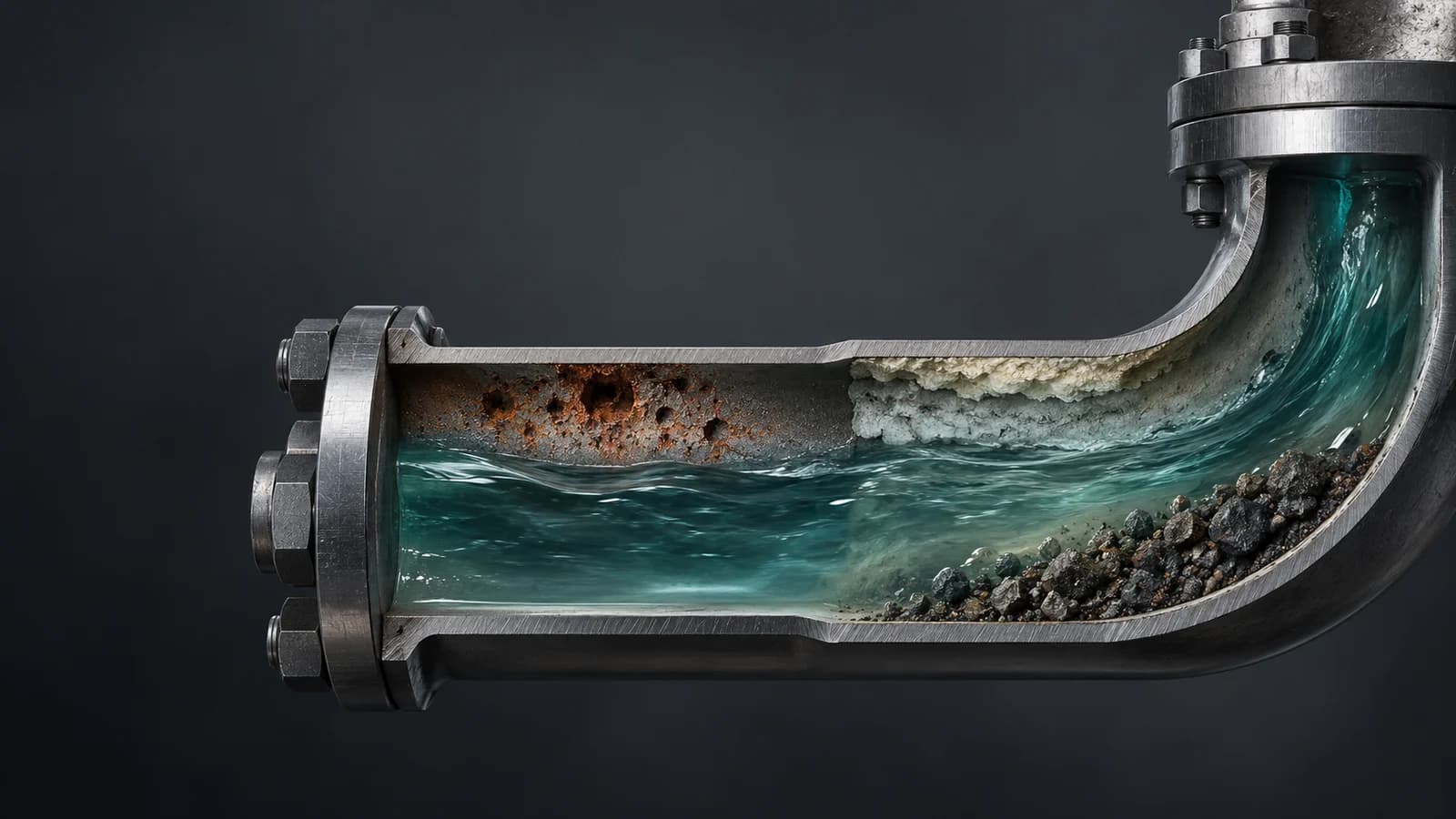 Corrosion, surface deposits and loose debris shown inside a coolant channel