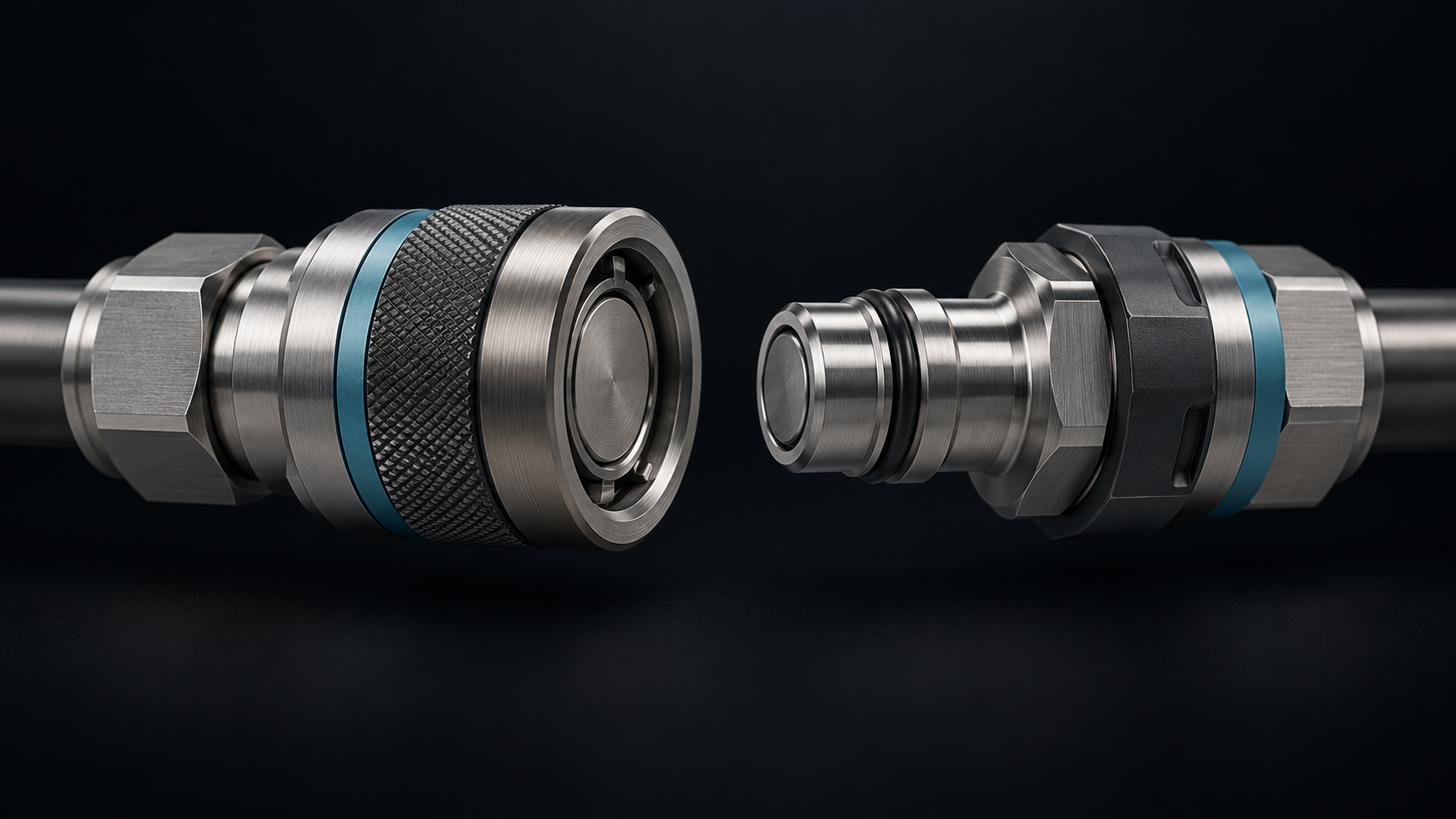Two separated metallic liquid-cooling connector halves, facing each other.